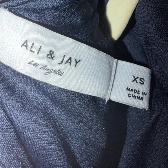 NWT Ali & Jay Double Platinum Metallic Navy & Silver Lined Mock Neck Mini Dress - Picture 11 of 12